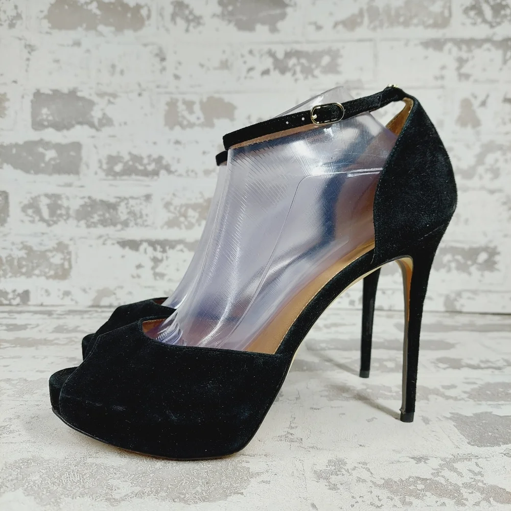 NEW Sam Edelman Florencia Black Suede Leather Buckle Peep Toe Heels A33